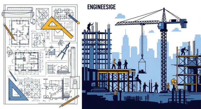 Architectural blueprint and construction site with crane and workers.