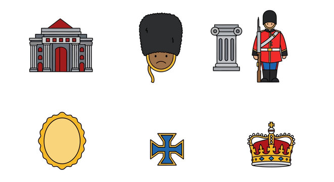 Illustrative icons of british landmarks royalty and traditional guard