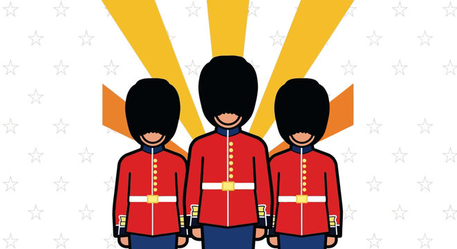 Three british guardsmen stand in formation against a starburst background