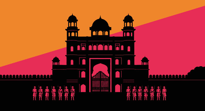 Silhouette of an indian palace with soldiers in front of it