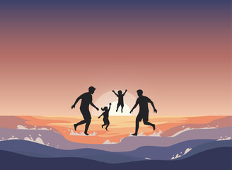 Fototapeta premium Family Silhouette at Sunset with Modern Gradient Sky – Minimalist Beach Scene, Warm Color Palette, Ocean Waves, Happy Lifestyle Concept, Clean Vector Illustration