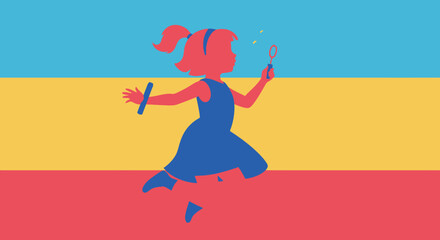 Fototapeta premium A young girl joyfully blows bubbles in a colorful minimalist scene