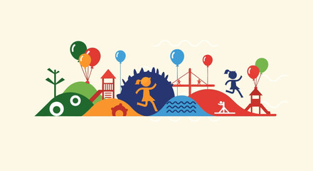Fototapeta premium Colorful illustration of children playing on a whimsical playground scene