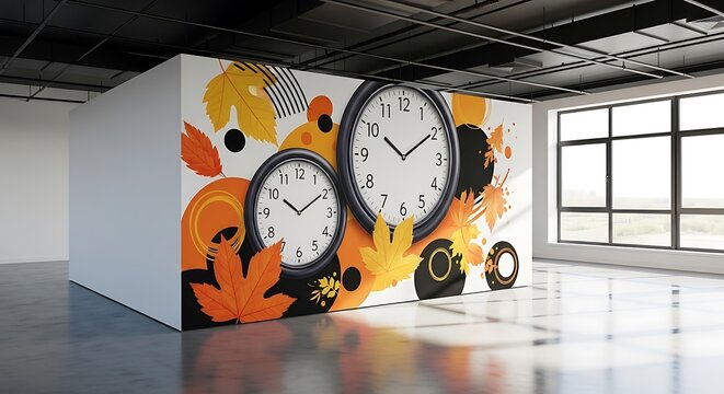 a large clock on a wall with autumn leaves