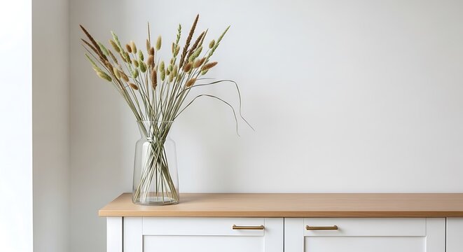 a vase with dried flowers on a sideboard