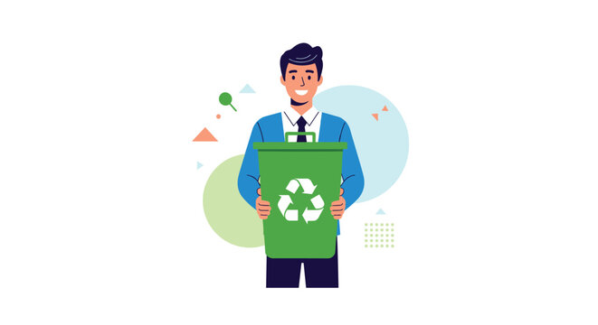 Smiling man in a blue sweater holds a green recycling bin with the recycle symbol to promote environmental protection and waste sorting.