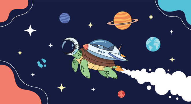 Creative illustration of a turtle astronaut with a rocket strapped to its shell flying through space past planets and stars.