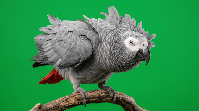 African Grey Parrot perched on a branch with ruffled feathers isolated on a vibrant green background studio shot of a smart pet bird