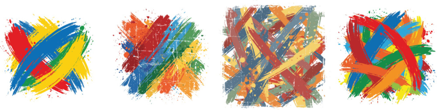 grunge colorful brash strokes illustration, isolated on white set