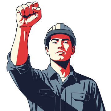 A powerful illustration features a construction worker with a raised fist, wearing a hard hat and overalls. Bold text reads 'Fight Labor Rights'. Vibrant red background. Strong, graphic style.
