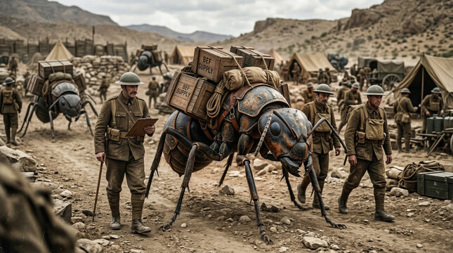 Alternate history scene of giant ants used as military pack animals in a desert camp