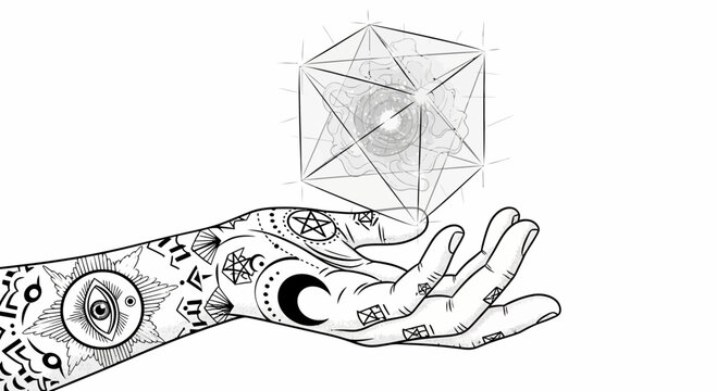 Hand with occult symbols conjuring a geometric crystal cube