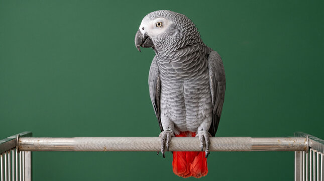 African Grey Parrot perched on a metal bar a smart and popular pet bird with vibrant red tail feathers isolated on a green background