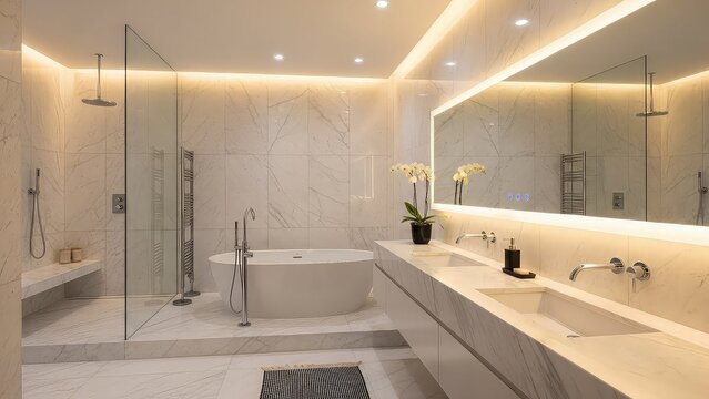 Luxurious modern bathroom interior with marble walls, large mirror, and ample lighting, featuring a freestanding tub and a spacious walk in shower