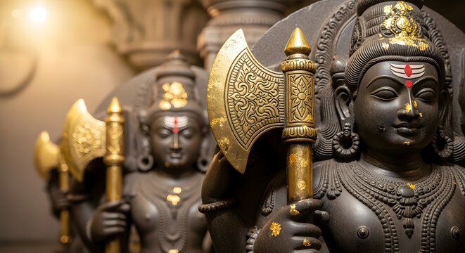 Hindu Lord Vishnu Dashavatara Parashurama Stone Idol with Golden Axe