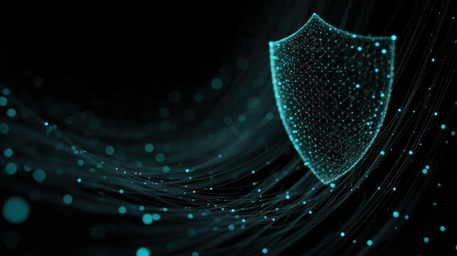 Digital Shield: A futuristic digital shield glows with an ethereal light, set against a dark background, representing security and protection in the digital realm. 