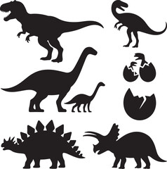 Vector illustration of dinosaur silhouette including Stegosaurus, Brontosaurus, Velociraptor, Triceratops, Tyrannosaurus rex, and Spinosaurus. © HARUN