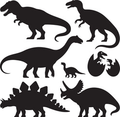 Vector illustration of dinosaur silhouette including Stegosaurus, Brontosaurus, Velociraptor, Triceratops, Tyrannosaurus rex, and Spinosaurus. © HARUN