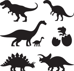 Vector illustration of dinosaur silhouette including Stegosaurus, Brontosaurus, Velociraptor, Triceratops, Tyrannosaurus rex, and Spinosaurus. © HARUN