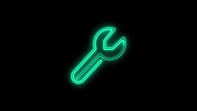 Cyan Neon Wrench Icon Glowing Against Black Background tool spanner