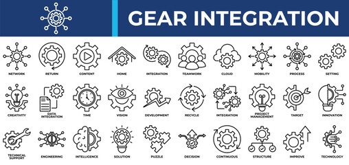Gear Integration icon set collection. Containing operation, selection, mobility, profit, puzzle, decision, intelligence .Line vector icons collection © kim hana