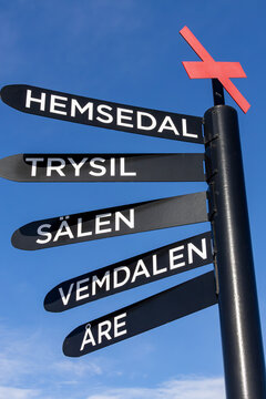 Stockholm, Sweden Directional signs on top of the Hammarbybacken mountain point to the Hemsedal, Trysil, Salen, Vemdalen and Are ski areas.