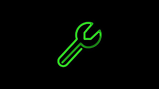 Green neon wrench icon on black background with glowing effect tool spanner