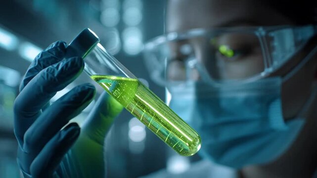Seorang ilmuwan di laboratorium melakukan riset biologi menggunakan peralatan tabung reaksi dan gelas kimia berisi cairan biru untuk percobaan medis serta analisa bioteknologi ilmiah yang teliti