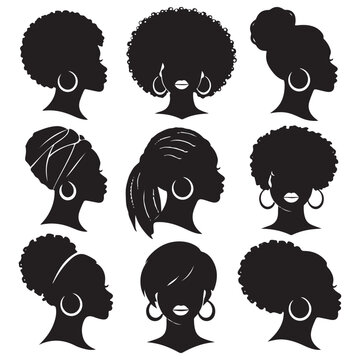 Black Woman Silhouette Collection &ndash; Afro Hair Style Female Faces Vector