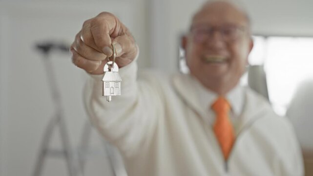 Man extends outstretched hand holding a house key and keychain while smiling, visible hand near ladder and moving boxes in building; homeownership pride.