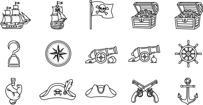Set of pirate adventure and nautical hand drawn vector icons with nautical adventure treasure