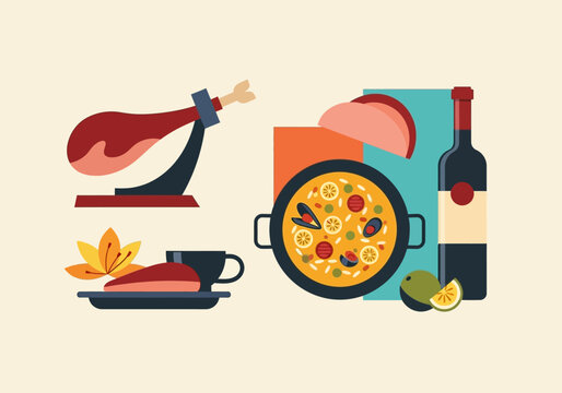 Spanish Cuisine Flat Vector Illustration Featuring Seafood Paella, Jamon Iberico, and Red Wine for Restaurant Menu and Mediterranean Travel Design