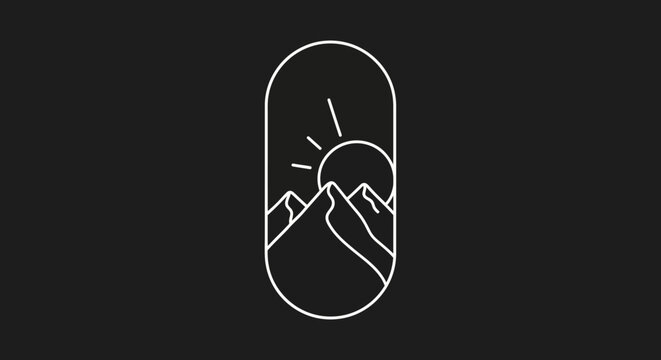 Minimalist outline logo of mountains and sun in a capsule shape against a dark background, representing nature and adventure
