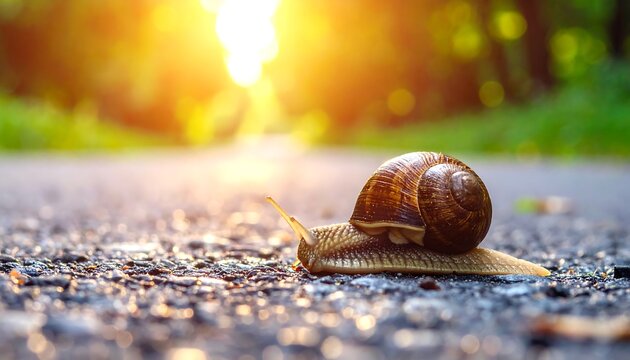 A close-up shot of a snail crawling across a rough road surface. The blurred sunlight streams from the background