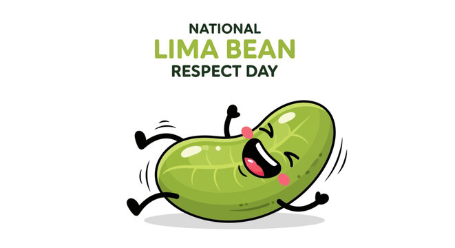 Celebrating National Lima Bean Respect Day, a cartoon green lima bean character joyfully leaps and smiles, its cheerful expression embodying the spirit of legumes nutrition and healthy