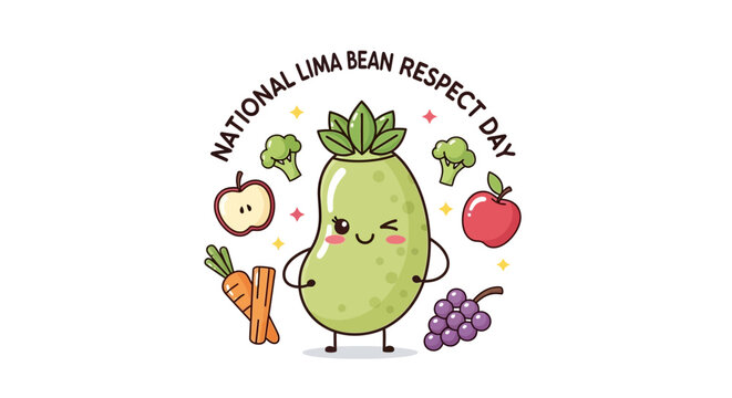 Celebrating National Lima Bean Respect Day, a fun vector illustration features a cute lima bean character surrounded by healthy food such as apples, carrots, grapes, and broccoli, promoting