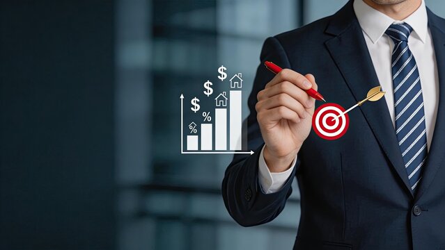 Businessman holding a pen drawing financial growth chart with dollars and houses hitting a target bullseye arrow