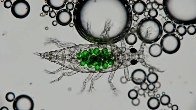 Microscopic copepod plankton with green eggs under microscope