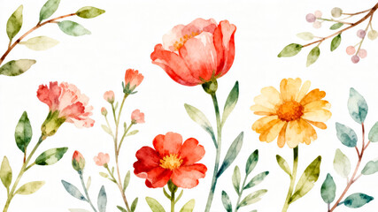 Fototapeta premium Watercolor Painting of Vibrant Flowers with Leaves