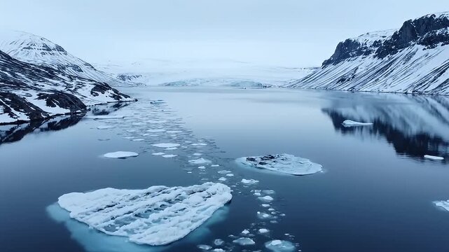 Ice floes in glacial lagoon surrounded by snow-covered mountains