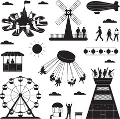 Amusement park pictogram set. Fun and entertainment outdoors. Roller coaster and adrenaline rides. © FATEMA BEGUM