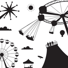 Amusement park pictogram set. Fun and entertainment outdoors. Roller coaster and adrenaline rides. © FATEMA BEGUM