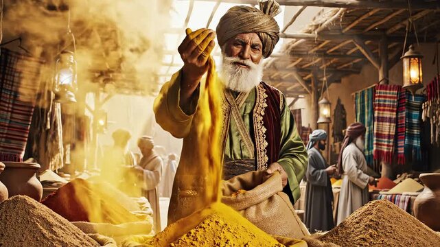 Senior merchant selling aromatic spices in a traditional bazaar