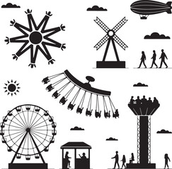 Amusement park pictogram set. Fun and entertainment outdoors. Roller coaster and adrenaline rides. © FATEMA BEGUM