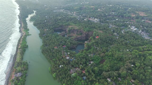 Aerial View of Kerala Coastline Backwaters and Rocky Quarry Landscape Malappuram India