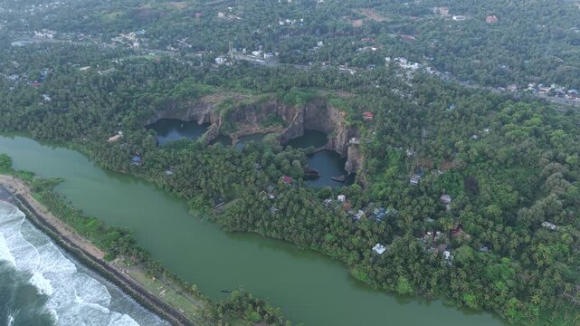 Aerial View of Kerala Coastline Backwaters and Rocky Quarry Landscape Malappuram India