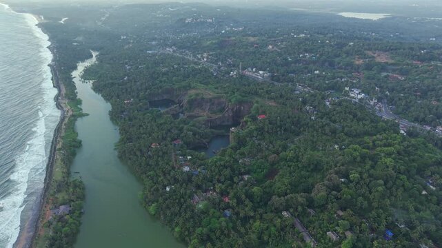 Aerial View of Kerala Coastline Backwaters and Rocky Quarry Landscape Malappuram India