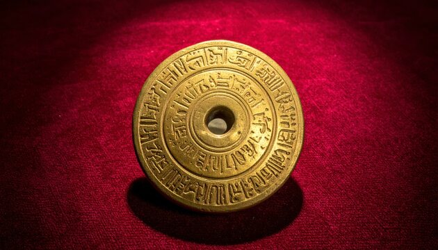 Golden clay bulla with finely impressed cuneiform seal and script, a historical artifact on a textured surface