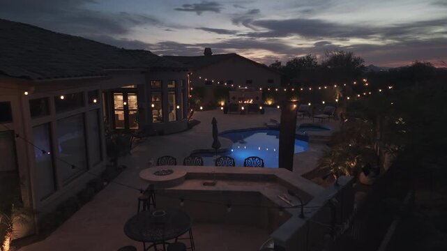 A 4k night aerial view of a desert landscaped home in Arizona featuring a travertine tiled pool deck with an outdoor fireplace and kitchen.
