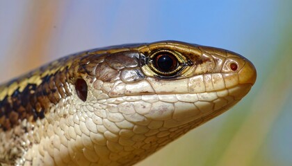Fototapeta premium A close-up side profile of a reptile's head. The creature has detailed scales, a focused eye, and a prominent nostril. Background nature
